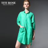 TITI ROSE品牌女装2016春夏新款欧美时尚简约OL纯色中长款衬衫女