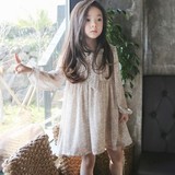 韩国女童装2015春款 粉色小碎花儿童长袖连衣裙飘逸雪纺高腰裙子