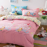 粉红色卡通全棉四件套黄色小鸡 纯棉斜纹被套床单 枕套定位印花