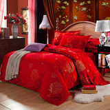 全棉100%纯棉斜纹加厚摩毛四件套婚庆大红4床品床单被罩秋冬款