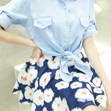 2016夏韩版两件套连衣裙女修身牛仔衬衫套装印花A字裙潮
