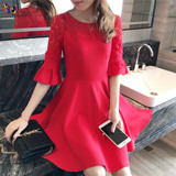 欧洲站礼服红裙子女秋夏装2016新款潮蕾丝高腰修身大红色连衣裙