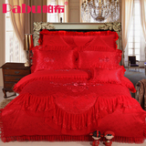 公主蕾丝花边婚庆全棉四件套大红结婚床上用品床品新婚纯棉六件套