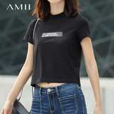 Amii夏装新款韩版修身短款显瘦印花t恤女短袖简约小高领半袖上衣