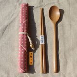 出口日本原单布袋木筷子木箸长柄勺子三件套餐具便携套餐旅行必备