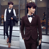 冬款韩版男士修身纯色西装三件套厚款单排扣西服套装宴会新郎礼服
