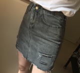 2016夏季女式高腰包臀半身裙 韩国复古做旧烟灰色破洞牛仔短裙潮