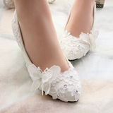 白色蕾丝水钻婚鞋新娘鞋平底中高跟女鞋红色防水台演出 婚礼女鞋