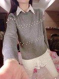 2015秋装新款韩版蕾丝背心两件套钉珠长袖针织衫女套头宽松毛衣