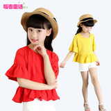 女童短袖T恤2016夏季新款纯棉红色喇叭中袖娃娃衫韩版儿童上衣