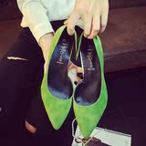 2016春秋季新款时尚简约浅口黑色绿色尖头高跟鞋细跟磨砂绒面单鞋