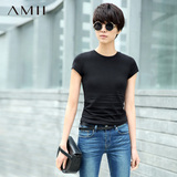 AmiiT恤女夏韩国2016韩版学生黑色紧身显瘦U领贴身短袖修身上衣潮