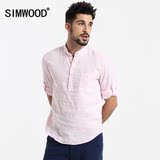 Simwood2016夏季新款男士休闲纯色七分袖衬衫男潮修身亚麻衬衫男