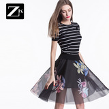 ZK条纹短袖网纱大花印花半身裙时尚套装女两件套2016夏季春装新款