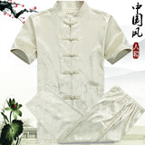 夏季短袖套装男中老年人唐装男中式中国风桑蚕丝民族服装爸爸装