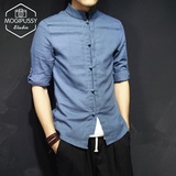 日系夏季男士亚麻七分短袖衬衫 立领盘扣修身中国风复古棉麻衬衣