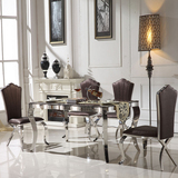 不锈钢餐桌欧式现代简约波浪型大理石面长方形餐桌椅组合