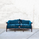 新古典实木雕花布艺绒布蓝色三人沙发北欧宜家法式沙发厂家直销