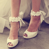 结婚鞋2016夏新娘鞋子白色蕾丝高跟细跟鱼嘴鞋婚礼婚纱鞋女鞋小码