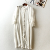 立领雪纺日本原单外贸五分袖黑白色中长款衬衫衣开衫外套连衣裙T