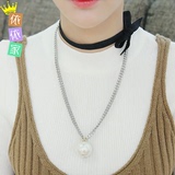 韩国正品代购时尚彩色蝴蝶结颈链项圈链条大珍珠双层长项链毛衣链