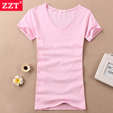 ZZT2016春夏新款修身女士短袖V领t恤纯色弹力棉体恤打底衫上衣