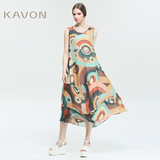 Kavon/卡汶 夏季品牌抽象印花图案亚麻桑蚕丝A型礼服式无袖连衣裙
