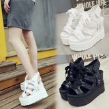 夏季坡跟白色黑色新款内韩版镂空厚底松糕系带鞋超高跟防水台女鞋