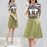 两件套连衣裙2016夏装韩版新款中长款棉麻印花上衣+半身裙裤套装