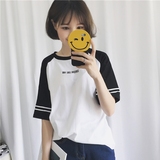 2016夏装新款韩版学院风字母印花半截袖体恤 插肩袖短袖T恤女学生