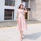 韩版2016夏季新款V领镂空蕾丝连衣裙中长款a字粉色修身显瘦长裙