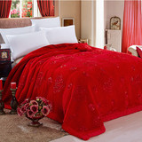 冬季加厚绣花拉舍尔毛毯双层结婚庆珊瑚绒沙发双人盖毯被子大红色