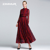 ZIMMUR2016春装新款女装立领长袖OL通勤名媛红色蕾丝连衣裙长裙