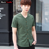 夏季新款V领短袖衬衫中国风纯色纯棉休闲衬衣男装 潮流修身上衣服