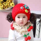 新款秋冬宝宝帽子 女童加绒护耳假发帽 韩版宝宝毛线帽加厚儿童帽
