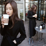 韩国代购2016毛呢子大衣女中长款系带黑色外套韩版修身显瘦东大门