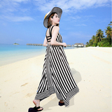 包邮 波西米亚渡假沙滩裙吊带露背大裙摆黑白条纹连衣裙度假长裙