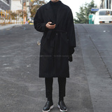 韩国代购冬季大牌欧美风简约纯色系带收腰中长款毛呢大衣男潮外套