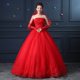 婚纱礼服2016新款齐地红色婚纱新娘结婚抹胸韩式花朵修身显瘦女裙