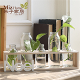 创意木底座仿真花假花摆件 水培绿萝桌面摆台透明玻璃小花瓶