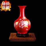 景德镇陶瓷器金牡丹中国红色小花瓶新年贺礼婚庆礼品家居饰品摆件