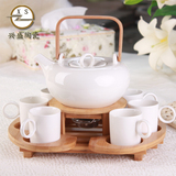 外贸欧式陶瓷下午茶具四合一套装英式花茶套具带竹木架可加热免邮