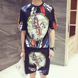 2016男士夏季套装港风个性印花短袖T恤韩版修身太空棉短袖套装潮