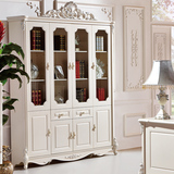 欧式书柜 实木 韩式书架 法式书橱 四门置物柜架 展示柜 象牙白色