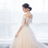 2016新款韩式简约蕾丝公主一字肩中袖新娘婚纱礼服长拖尾修身显瘦