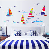 创意墙贴儿童房间 卧室客厅墙面装饰贴纸海鸥帆 船蓝色海洋包邮