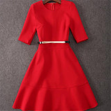 欧美明星高圆圆同款红色连衣裙显瘦晚装打底裙送腰带