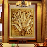 纯手绘金箔油画欧式东南亚风格客厅玄关装饰无框画金色芭蕉叶油画