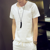 夏季短袖T恤亚麻青年纯色薄男士体恤衫运动短裤套装韩版宽松衣服