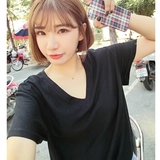 FX夏季短袖新款宽松女装短款纯色V领韩版通勤打底上衣青春大码T恤
